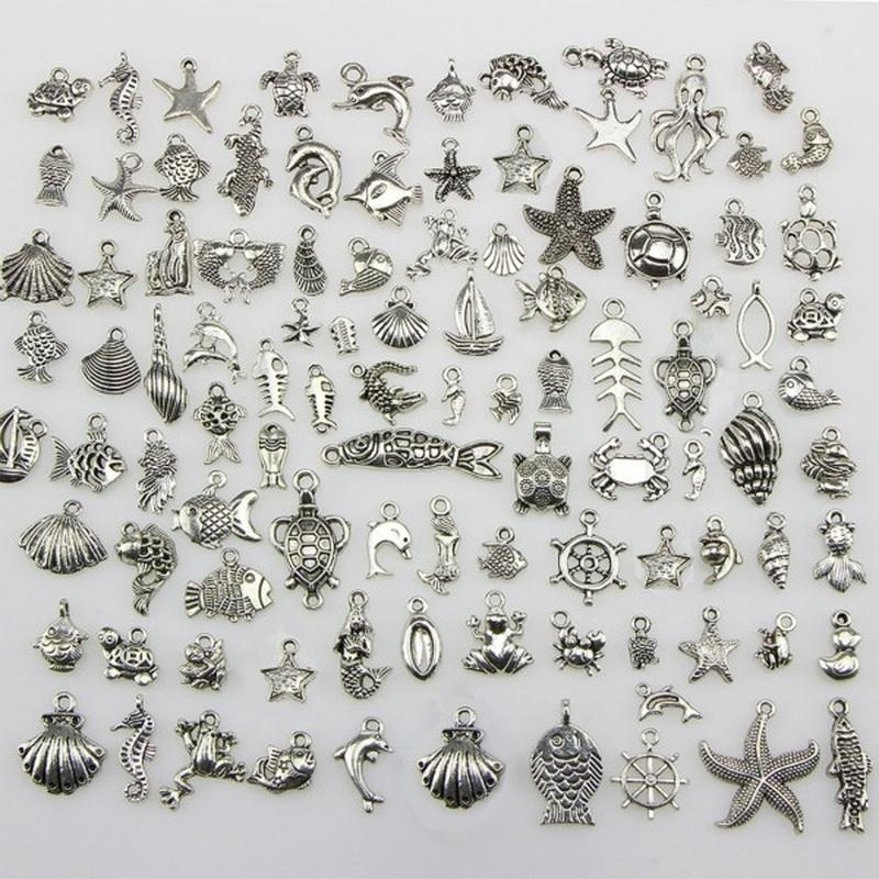 50 Tibetan Silver Mixed Seahorse Shell Starfish Turtle Ocean Charms Pendant and 100pcs Flower Beads Caps Jewelry DIY Accessories