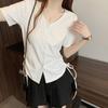 Oversized Women's Clothing Design Looks Slim Drawstring V-neck Irregular Shoulder Short Sleeved T-shirt Summer Trend