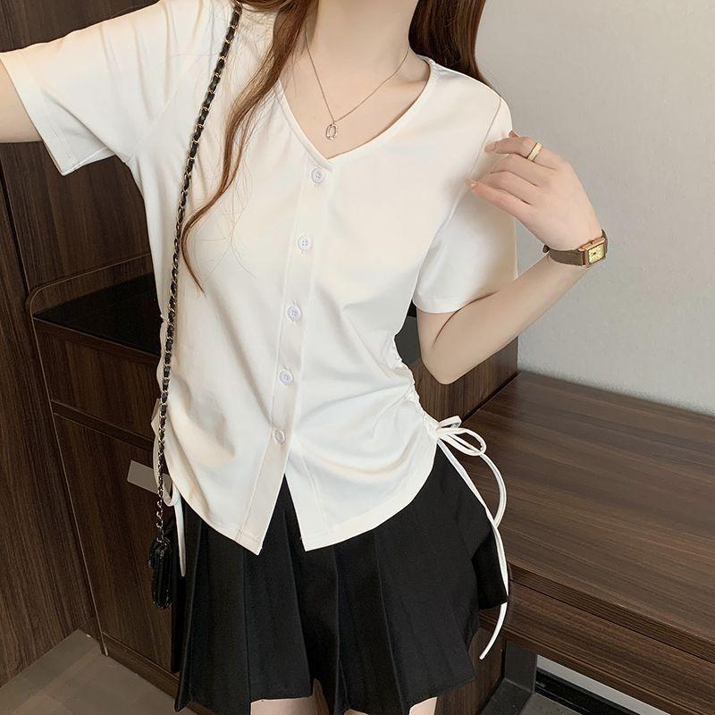 Oversized Women's Clothing Design Looks Slim Drawstring V-neck Irregular Shoulder Short Sleeved T-shirt Summer Trend