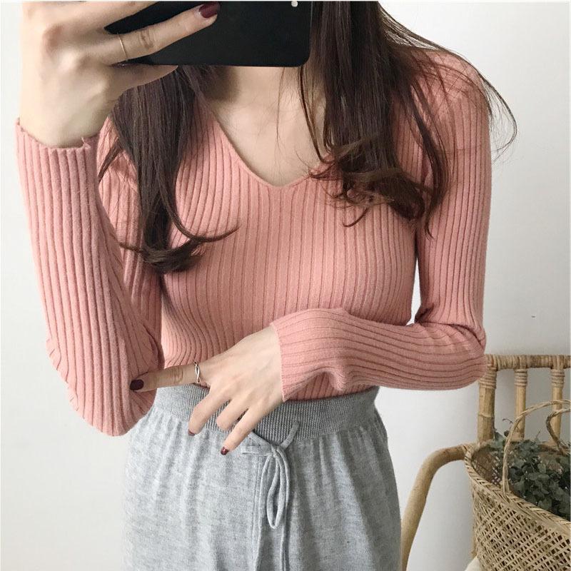 Sweater Women Fall Winter V Neck Slim Fit Pullover Chic Top Inner Wear Ribbed Tight Long Sleeve Knit Base Layer Wholesale