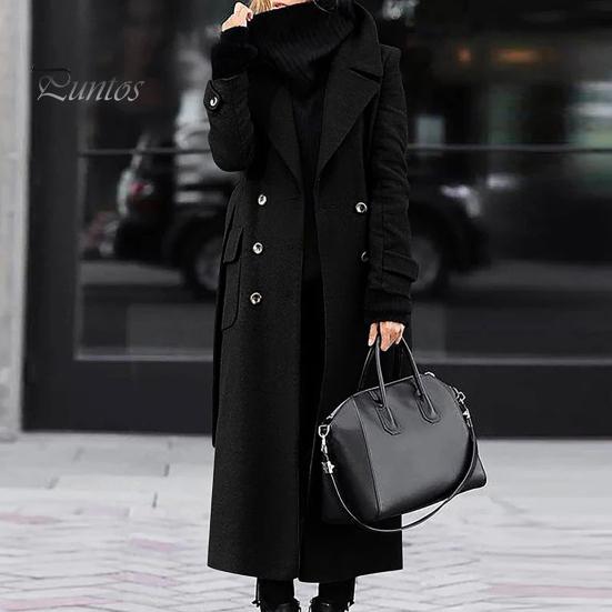 Slim Fit Lapel Coat Women Overcoat Double-breasted Turn-down Collar Cardigan Mid-calf Length Long Sleeves Pocket Jacket with Pockets OL Commuting