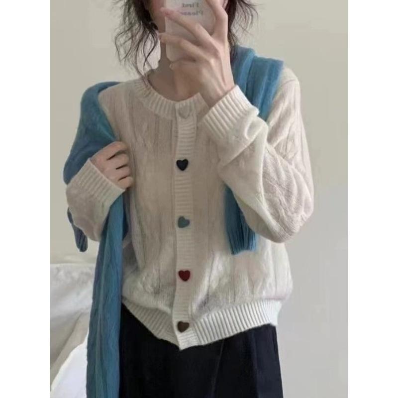 

Crew neck twist love buckle knitted cardigan top women s retro versatile soft waxy chic sweater jacket One size