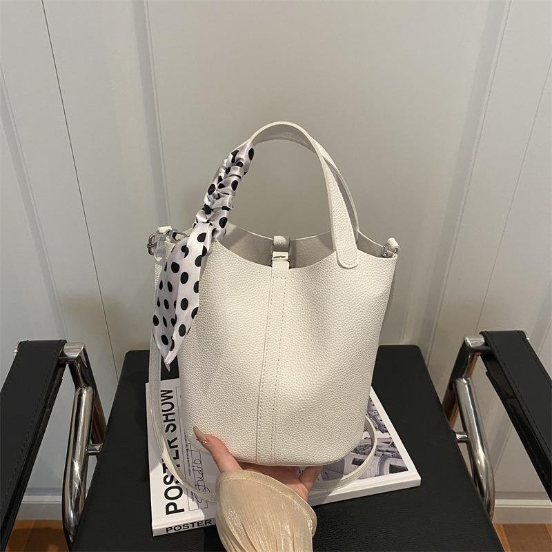 Simple Portable Bucket Bag Women's Bag Autumn and Winter New Splicing Silk Scarf Shoulder Bag Commuter Messenger Bag