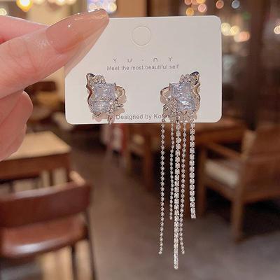 Korean S925 Silver Asymmetrical Tassel Zircon Earrings - Light Luxury Style