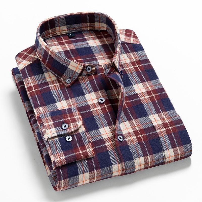 Men's Plaid Shirt - Pure Cotton Flannel, Long-Sleeved, Button Collar, Soft, Warm, Casual