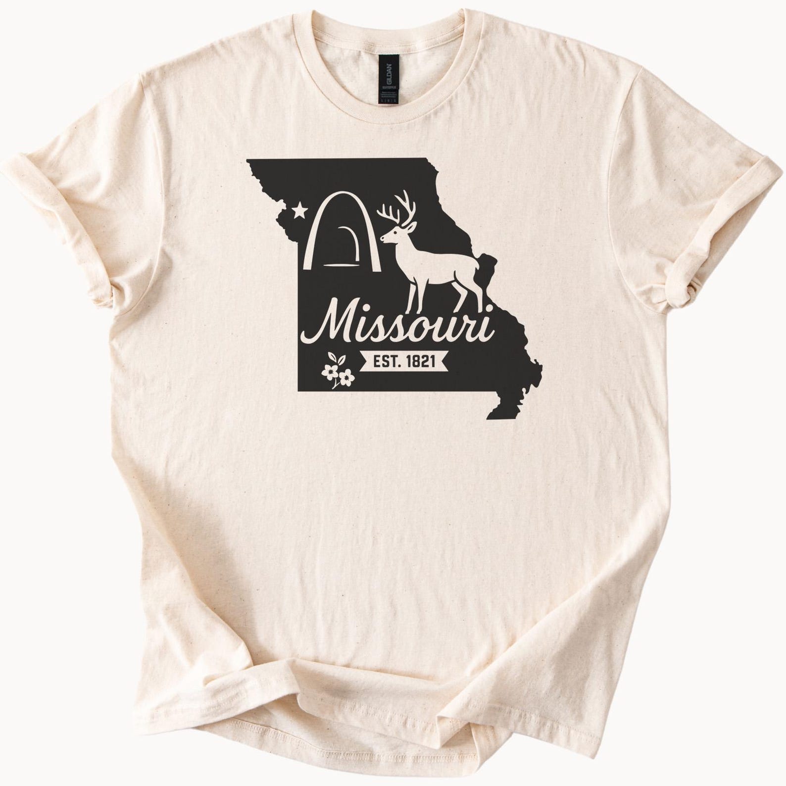 Missouri State Graphic T Shirt with Deer Gateway Arch Flower and Established 1821 Outline Unique Missouri Souvenir Gift Tee 150