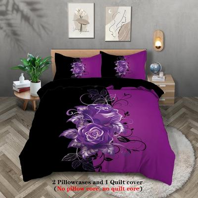 3pcs Purple Rose Pattern Printed Bedding Set,1 Duvet Cover+2 Pillowcase, Queen Bed, Suitable for Women and Adults Bedroom