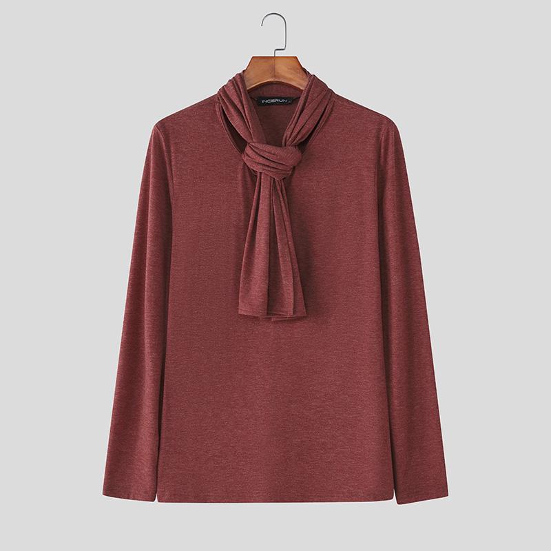 INCERUN Autumn Winter Men Tie Up Long Sleeve Solid Casual Fitted T-shirts Tops