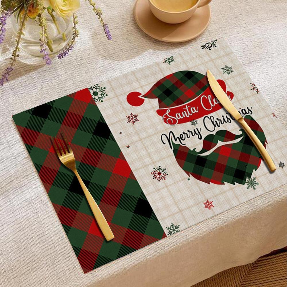 Christmas Santa Claus Xmas Table Mat Red Green Plaid Candy Festive Placemat for Holiday Table Christmas Dinner Party Decorations