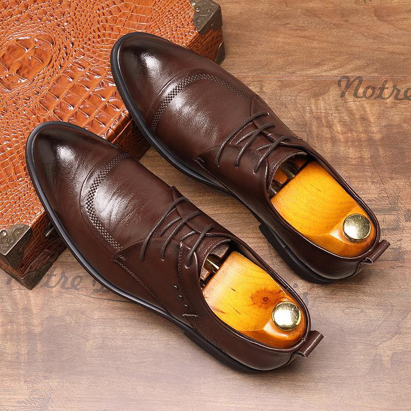 

Trend low-top leather shoes men s business dress casual leather shoes work British groom wedding leather shoes 37 коричневый
