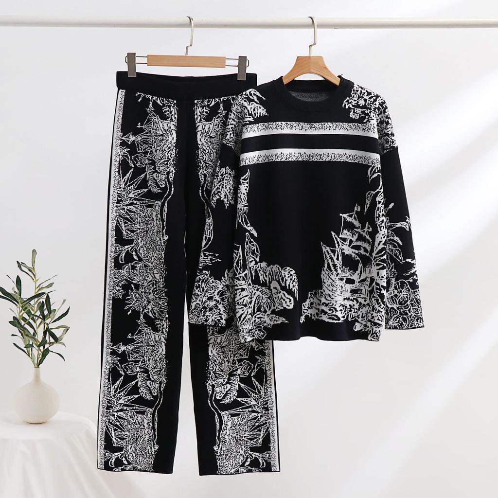 Autumn Winter Jacquard Vintage Knitting Two Pieces Suits Women Long Sleeve O-Neck Sweater and Wide Leg Pants Warm Loose 2pcs Sets