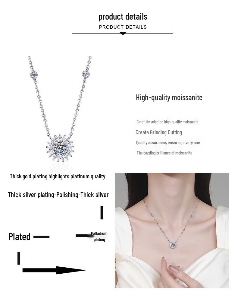 Sunflower Style Moissanite Necklace - S925 Sterling Silver, 1 Carat, Elegant & Luxurious Women's Festival Gift