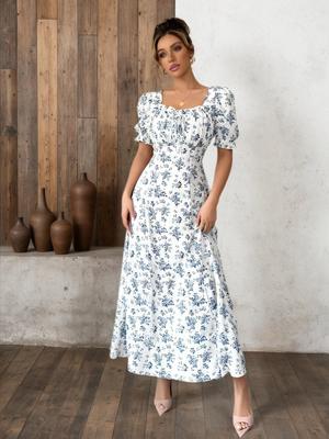 2026 Women's Summer Floral Print Puff Sleeve Square Neck Dress - French Style Holiday Tea Party Skirt