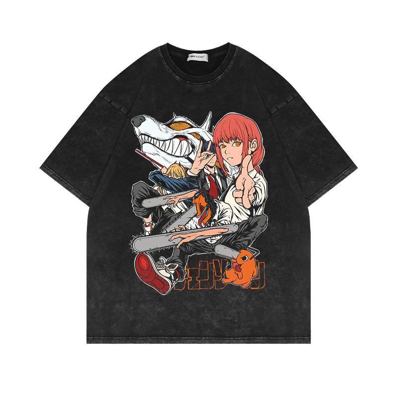 Summer New Pure Cotton Tide Brand American Retro Men's Clothing Washed Old Chainsaw Man Animation Loose T-shirt Men and Women Ins