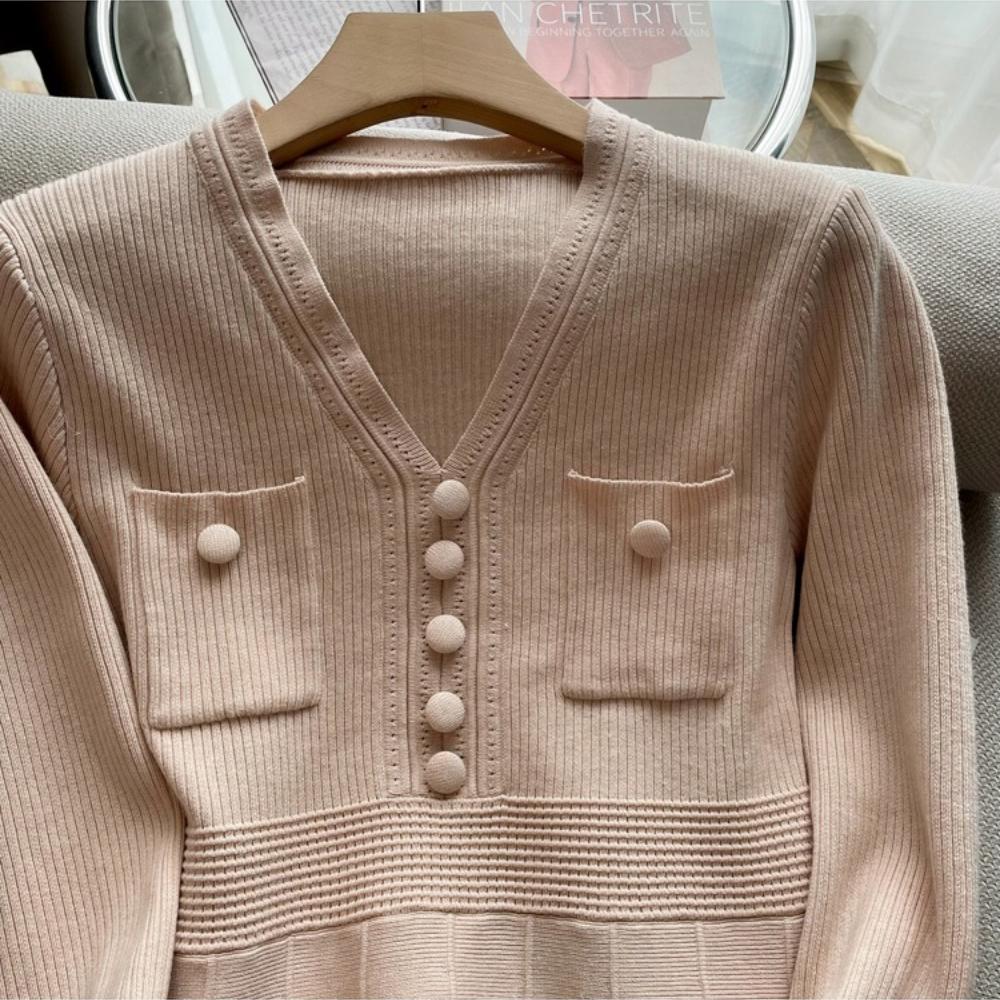 Autumn Winter V-neck Long-Sleeve Knit Dress for Women Elegant Solid Double Pockets Vertical Stripes A-Line Short Sweater Dress
