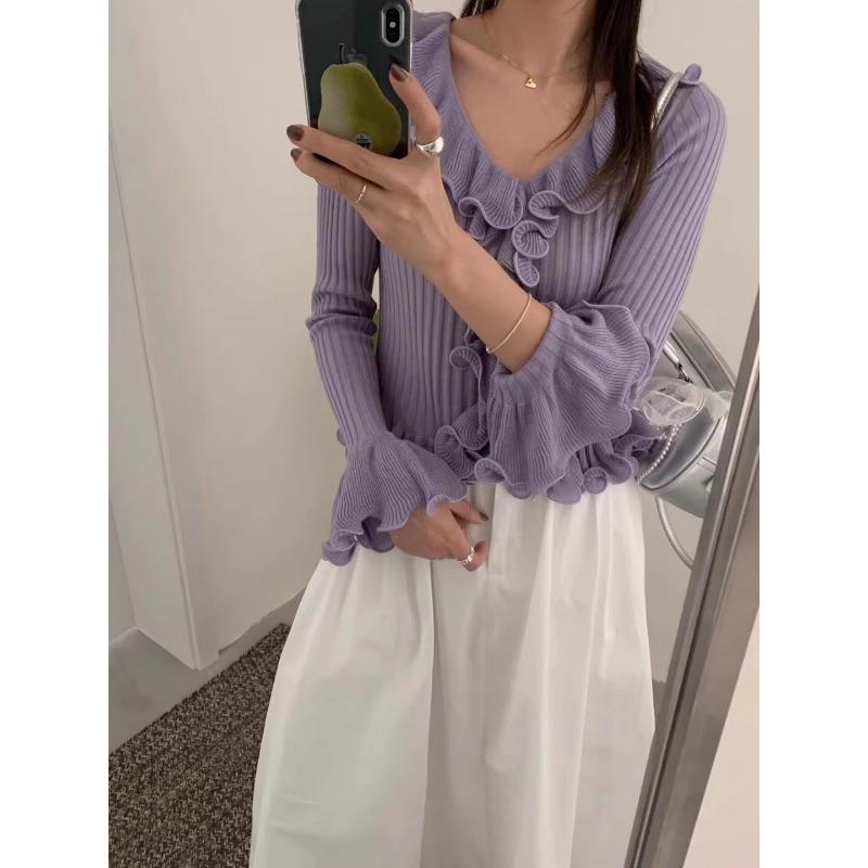 Pulover tricotat subțire cu dantelă ciupercă la modă, toamnă 2025 nou pulover de damă cu talie și decolteu în V 11950