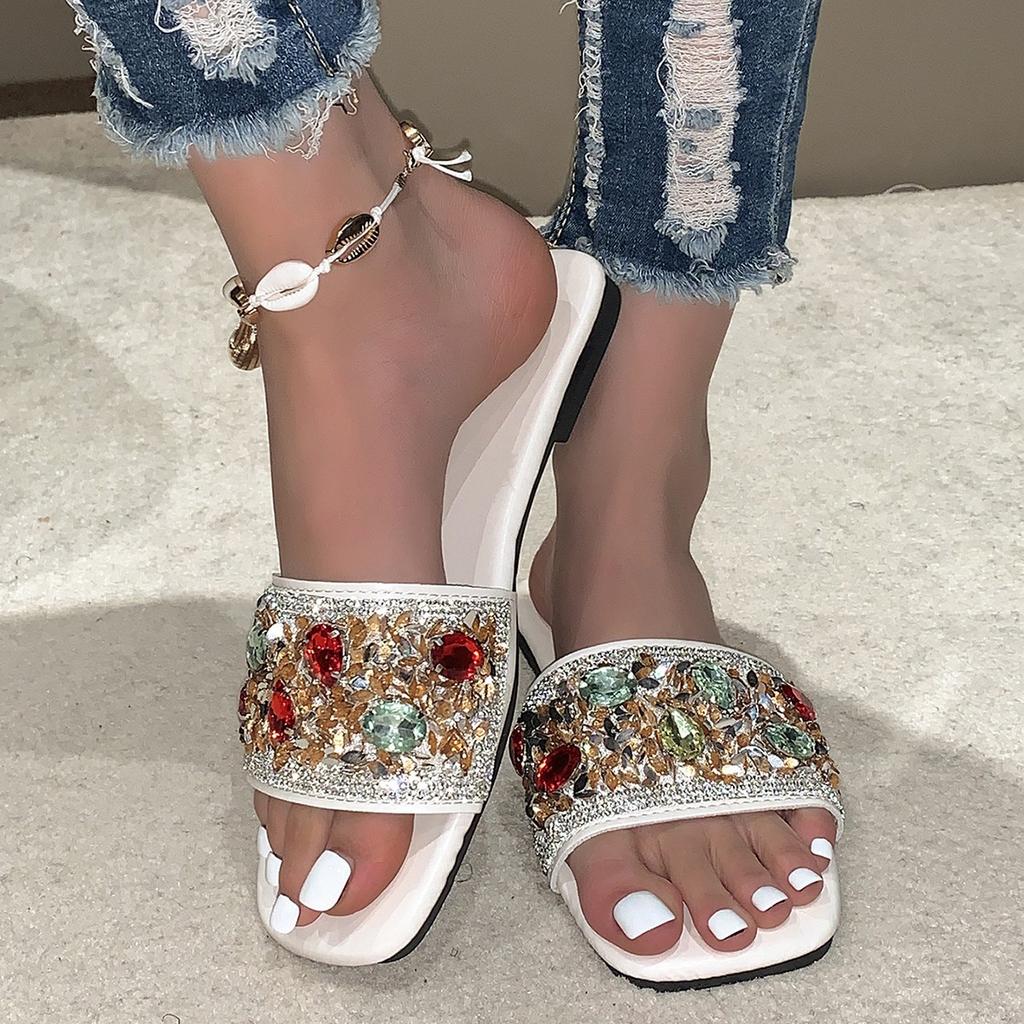 Large Size Women's Slippers Summer New Rhinestone Flat Bottom Square Head One Word Beach Cool Slippers
