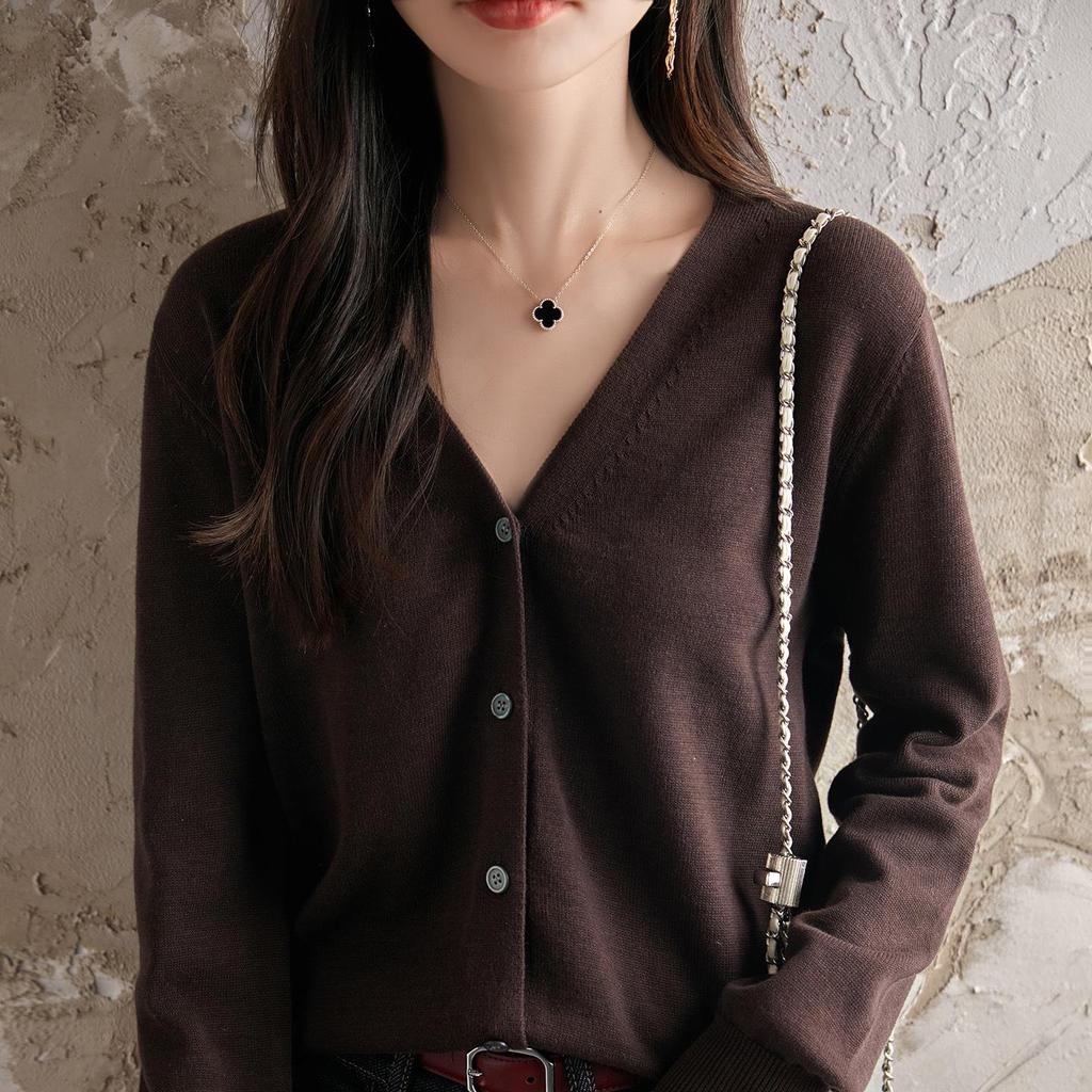 Damen 100% Baumwolle Strick V-Ausschnitt Strickjacke - Frühling/Herbst, Lockere Passform, Unifarbe, Atmungsaktiv, Hohe Dichte, Sonnenschutz Oberbekleidung.