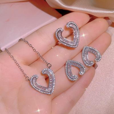 European and American Personality Love Pendant Diamond Ring Earring Set Shining Bride Accessories Three Piece Set