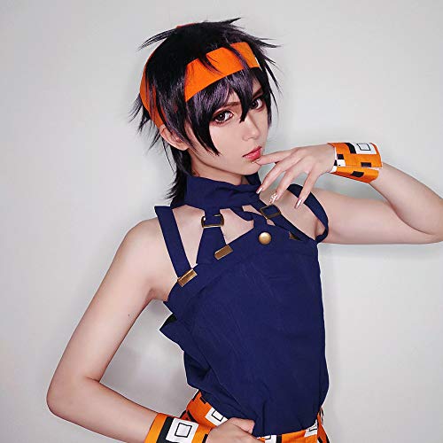 Short purple cosplay wig with net, featuring Narancia Ghirga from Golden Wind, heat-resistant.