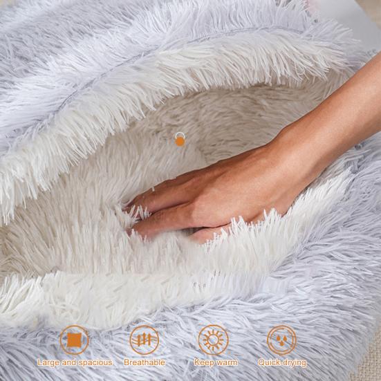 Pet Shell Nest Bed Warm Calming Cat Cave Bed with Hooded Cover Semi Enclosed Fluffy Plush Lined Round Bed for Small Medium Pets