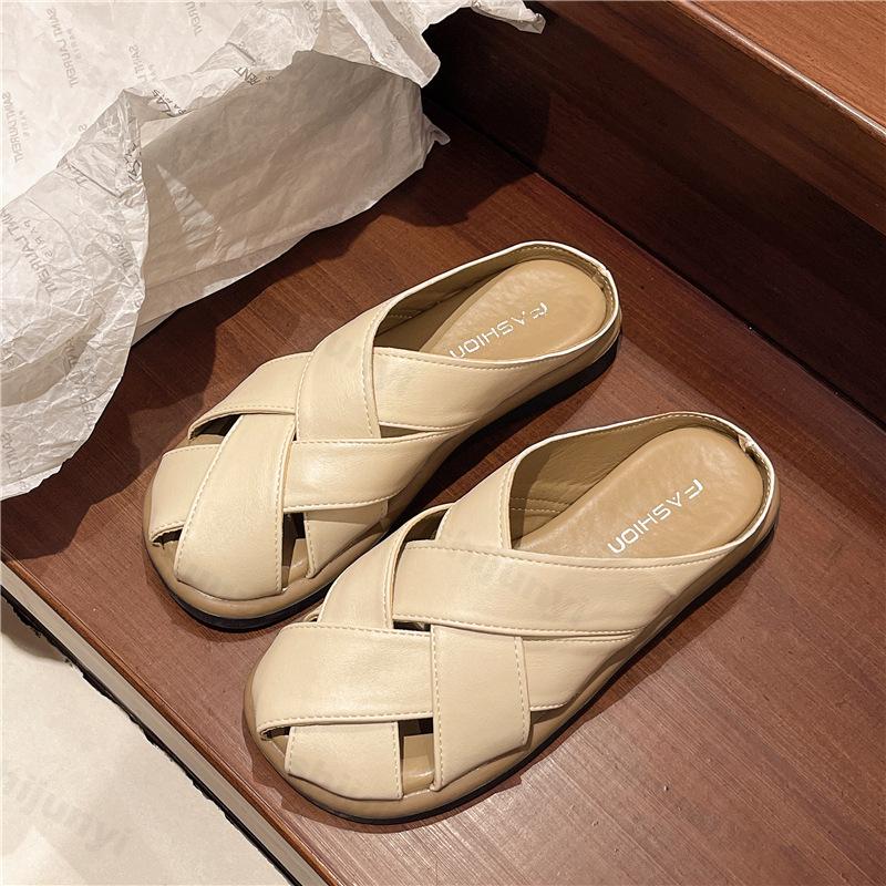 Fashion Women's Half Slippers Summer Closed Toe Woven Hollow Out Mules Shoes Retro Outdoor Leisure Flat Beach Sandals Sandalias De Mujer