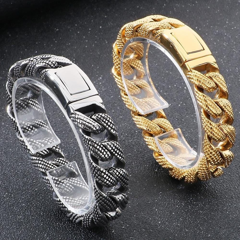 Gótikus Férfi Karkötők Vintage 15MM Szélességű Tömör Rozsdamentes Acél Kockalánc Kubai Lánc Karkötő Férfi Férfi Ékszerek Ajándékok 2 Szín