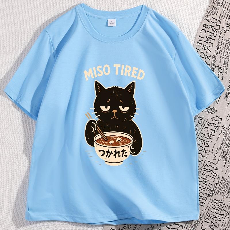 Funny Cat T Shirt Cotton Miso Tired Ramen Tee Kawaii Japanese Food TShirt Foodie Graphic Tees Streetwear Clothing Y2k Clothes