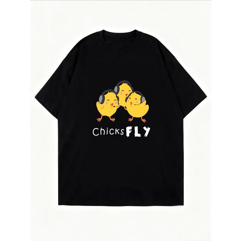 Cotton T Shirt White Three Chicks With Headphones And Fly Text Casual Wear For Women Spring Summer Outfits