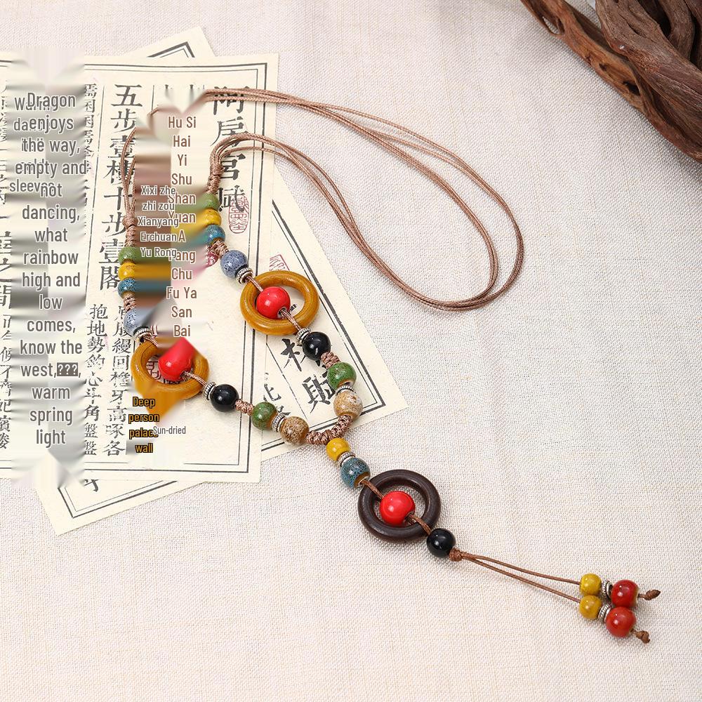 Bohemian Ceramic Woven Rope Necklace with Tassel - New Chinese Style Clavicle Chain for Women