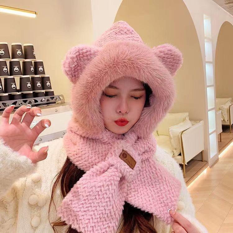 Cute Little Bear Fluffy Hat for Women In Winter Scarf Integrated Warm Ear Protection Hat Thickened Scarf Cold Protection Lei Feng Hat