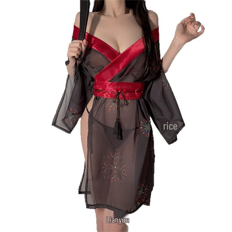 Vintage Lace See-Through Lingerie with Tie-Up Bib - Hanfu Nightgown and Sleep Skirt