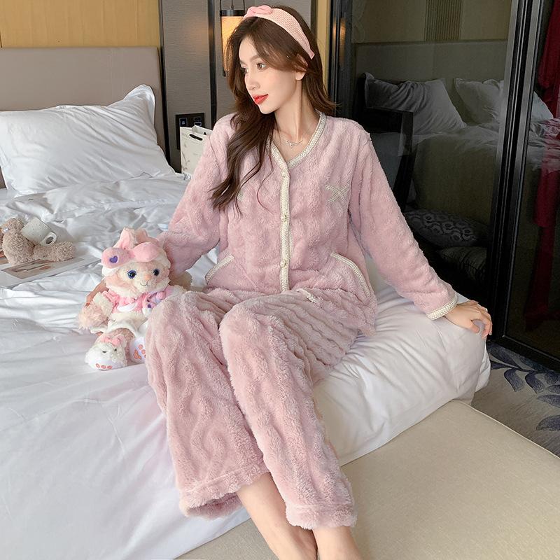 Autumn Winter Female 2Pcs Pajamas Set Thicken Warm Flannel Sleepwear Trouser Suits Pyjama Loose Casual Home Clothes Lounge Wear