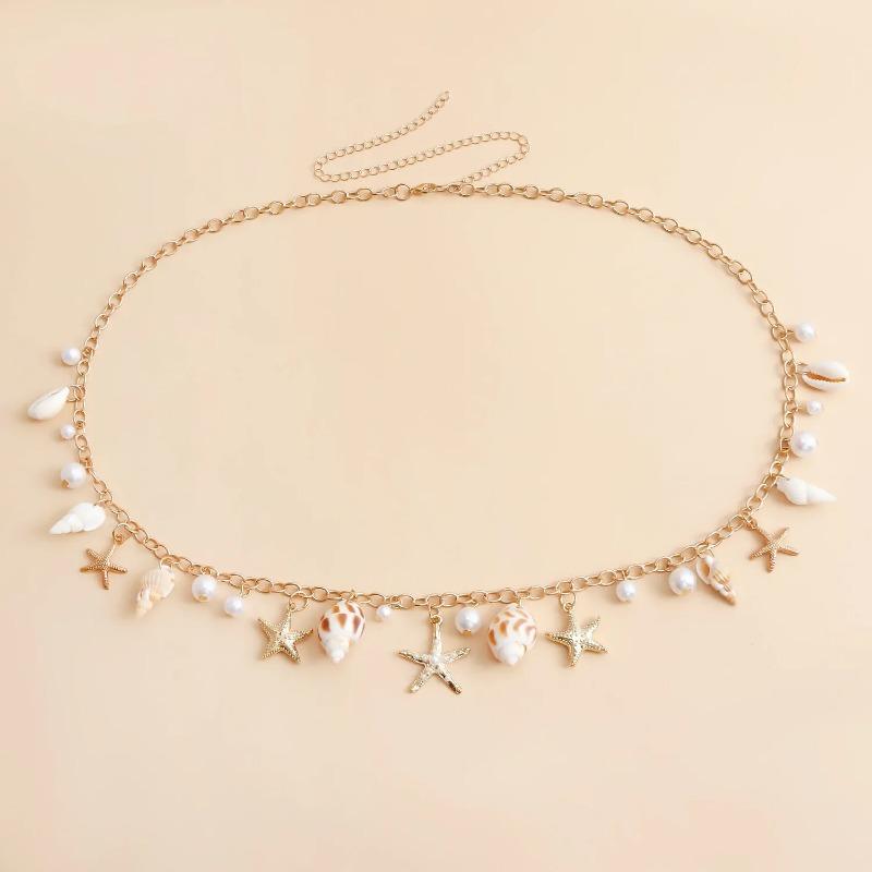 Fashion Natural Shell Conch Sea Star Imitation Pearl Tassel Pendant Waist Chain for Women Sexy Boho Summer Chain Belt Necklace
