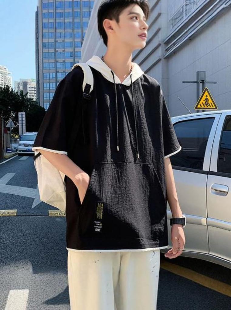 with cut and short big big big room [NEKORA] Hoodie, T-shirt hood, top, sew, sleeve, spring, summer, pullover, stylish, thin, men's T-shirt, t,