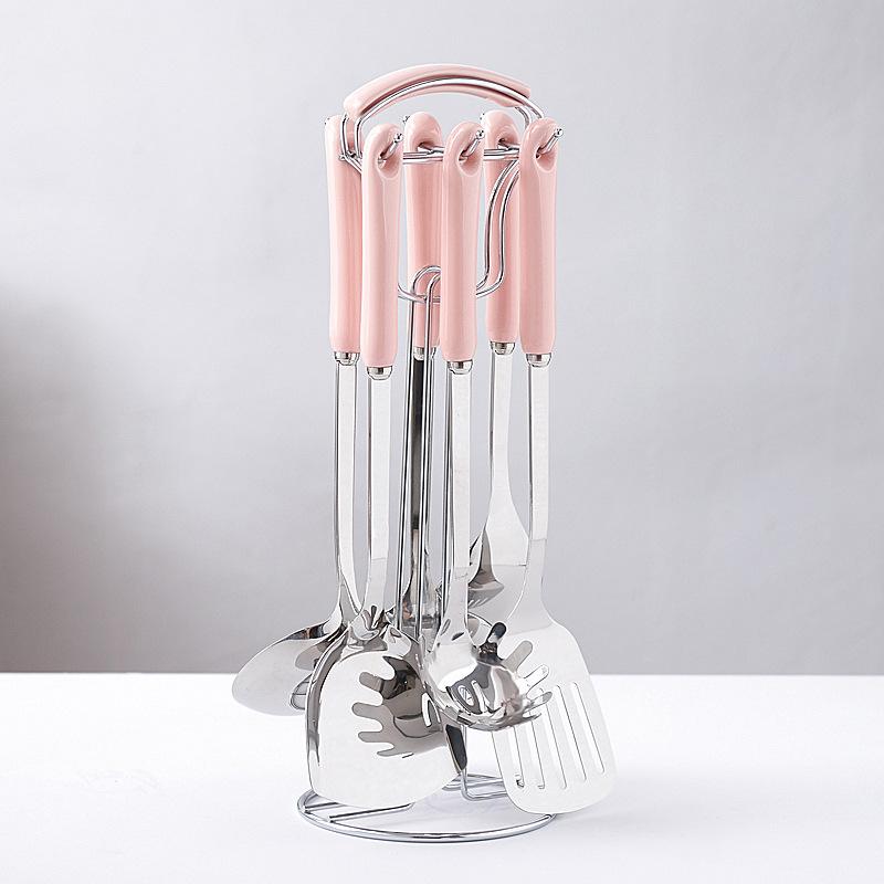 7Pcs Ceramic Handle Stainless Steel Cookware Set Soup Ladle Frying Spatula Colander Spoon Kitchen Accessories Cooking Tools