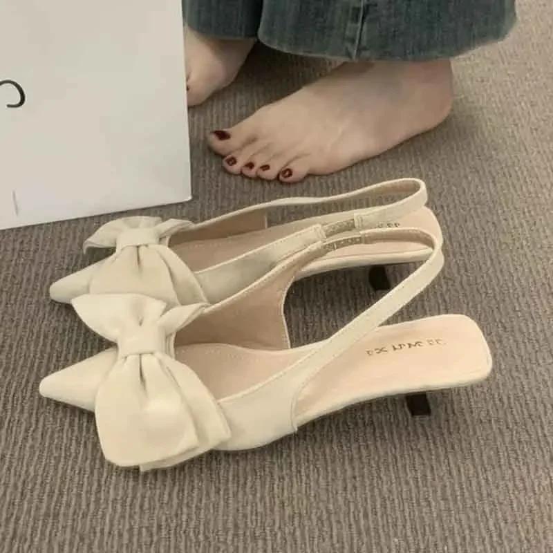 

Bow Women Sandals Elegant Pointed Toe Mid Heeled Shoes Sexy Slingback Slippers 2025 Summer Pumps Fashion Luxury Sandalias Mujer 35 абрикосовий