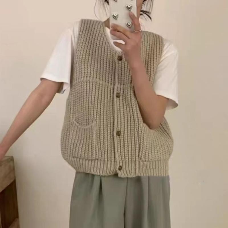 Autumn Retro Solid Knitted Sweater Vest Coat Women Winter Fashion Sleeveless Casual Cardigan Sweaters Woman Elegant Office Lady Knitwear Vests 24820