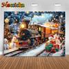 Mocsicka Christmas Train Backgrounds Photography Winter Snowman Xmas Tree Decorations Child Adult Photo Backdrop Festival Banner