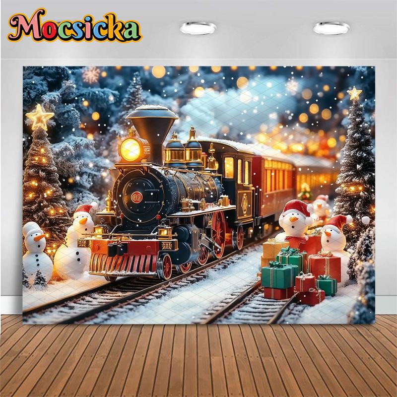 Mocsicka Christmas Train Backgrounds Photography Winter Snowman Xmas Tree Decorations Child Adult Photo Backdrop Festival Banner