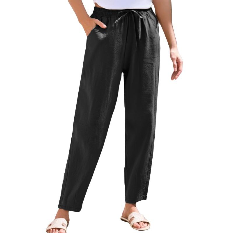 Foreign trade new women's clothing summer pants casual loose drawstring solid color elastic waist cotton and linen women's nine-point pants