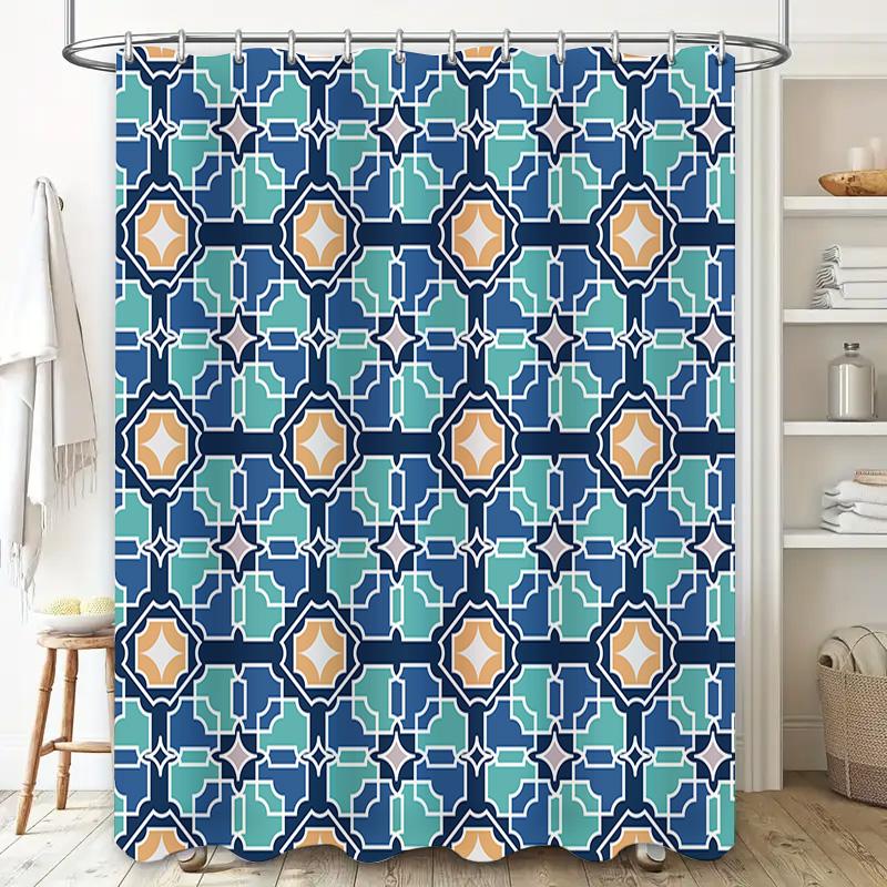 Modern Geometric Printed Shower Curtain Waterproof Bathroom Decor Navy Blue Mint Green White Orange Modern Bath Liner with Hooks