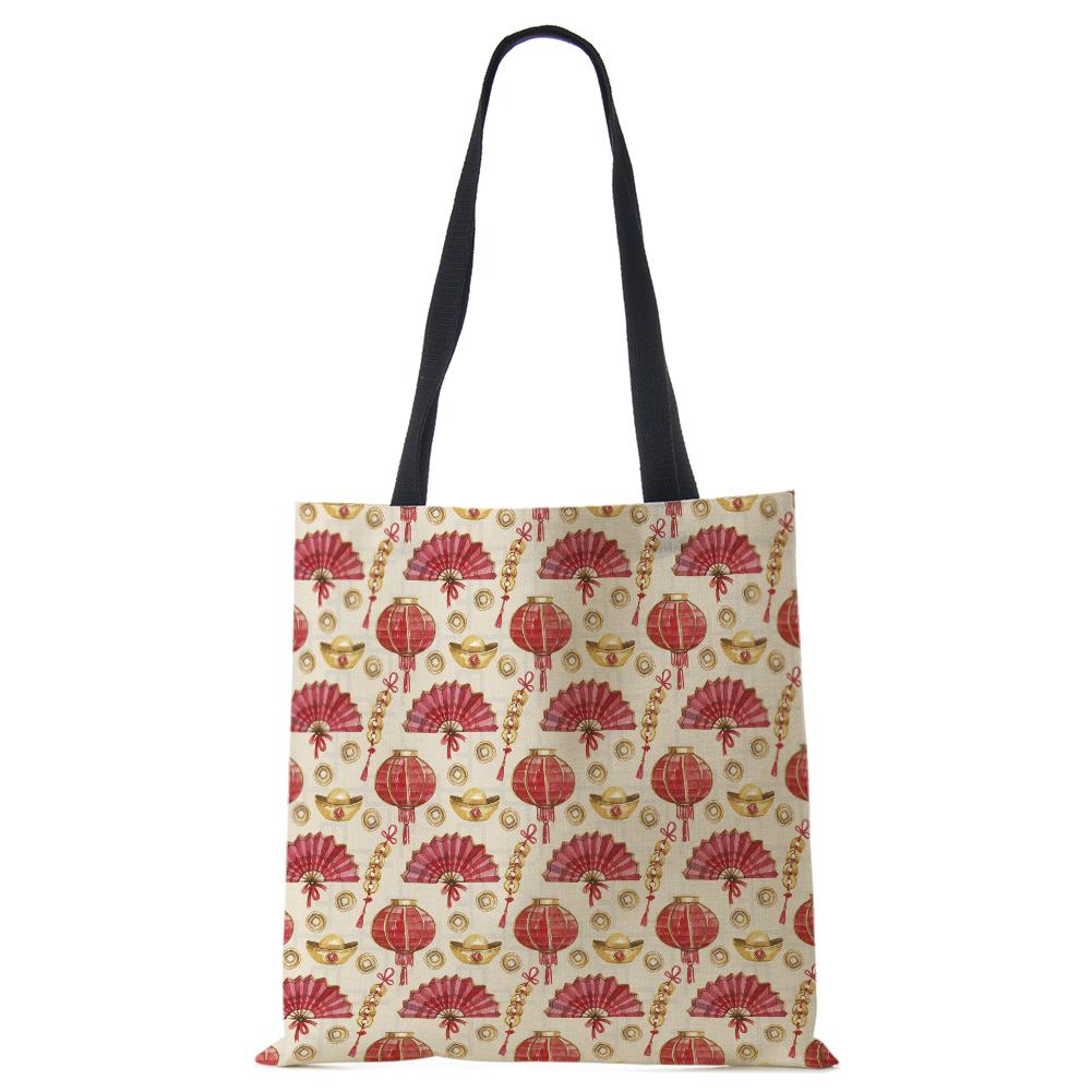 Lotus Leaf Bamboo Print Shopping Bags Women Folding Reusable Tote Shoulder Bag Scenery Canvas Casual Groceries Handbags 2022 CLE