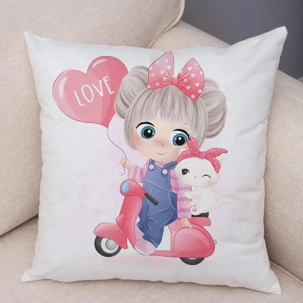 Cute Girl and Cat Pillowcase Decor Cartooncute Children Cushion Cover for Sofa Home Super Soft Peach Skin Pillow Case 45x45cm