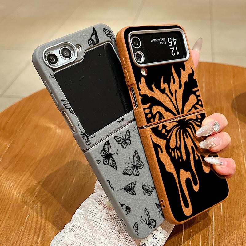 Butterfly Print Leather Texture TPU Magnetic Case For Magsafe For Samsung Galaxy Z Flip 6 5 4 3 Flip4 Flip5 Flip6 Folding Cover
