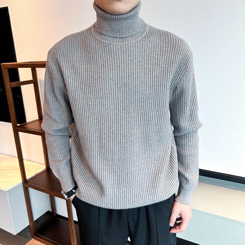 Men's Korean Style Ribbed High Neck Sweater - Autumn/Winter Versatile Long Sleeve Knitwear