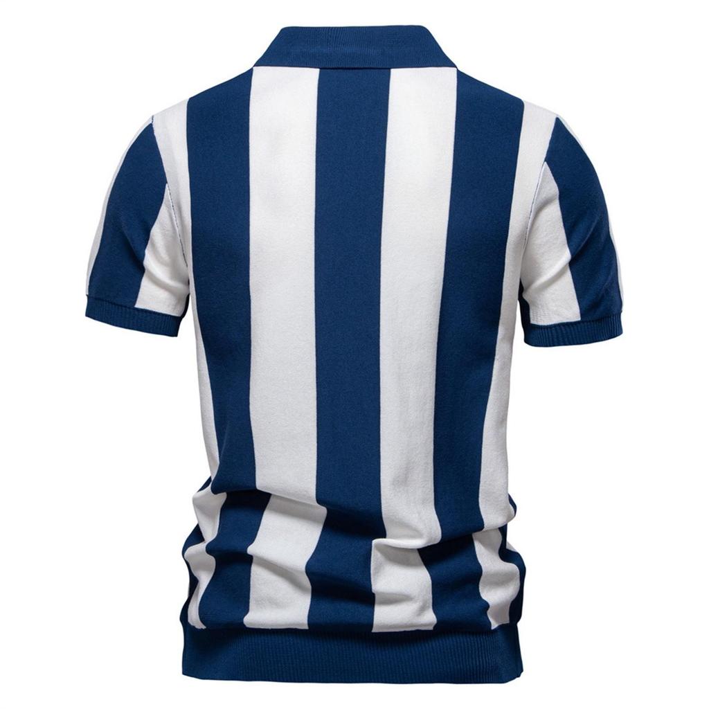 Men's Summer Stripe Knitted Zipper Lapel Short Sleeve Top Men's Casual Fashion Shirt