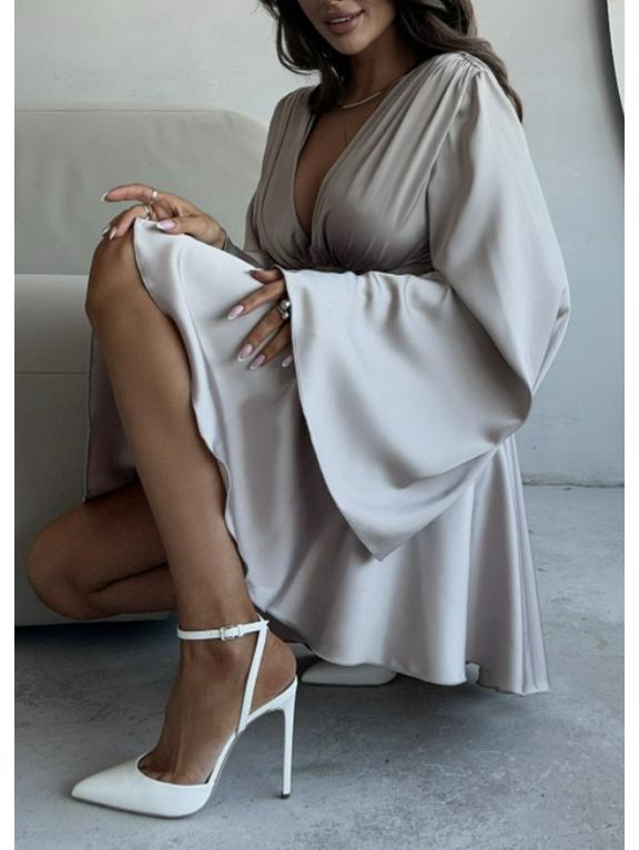 European & American Party Satin Bell Sleeve V-neck Waist-Cinching Short Dress