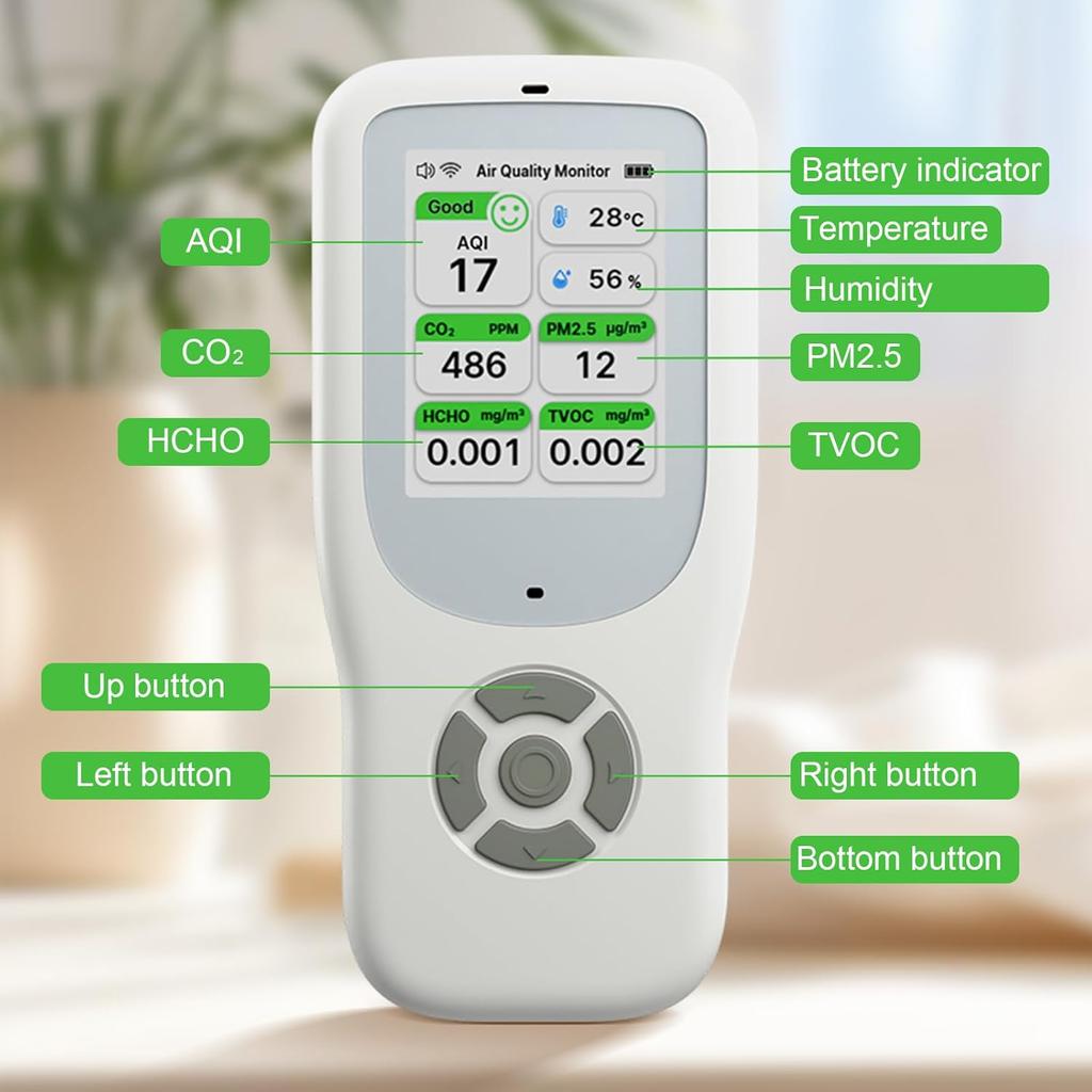 Air Quality Monitor Indoor, Portable Air Quality Tester for PM1.0, PM2.5, PM10, CO2, TVOC,Temperature and Humidity with Alert for Home Office School
