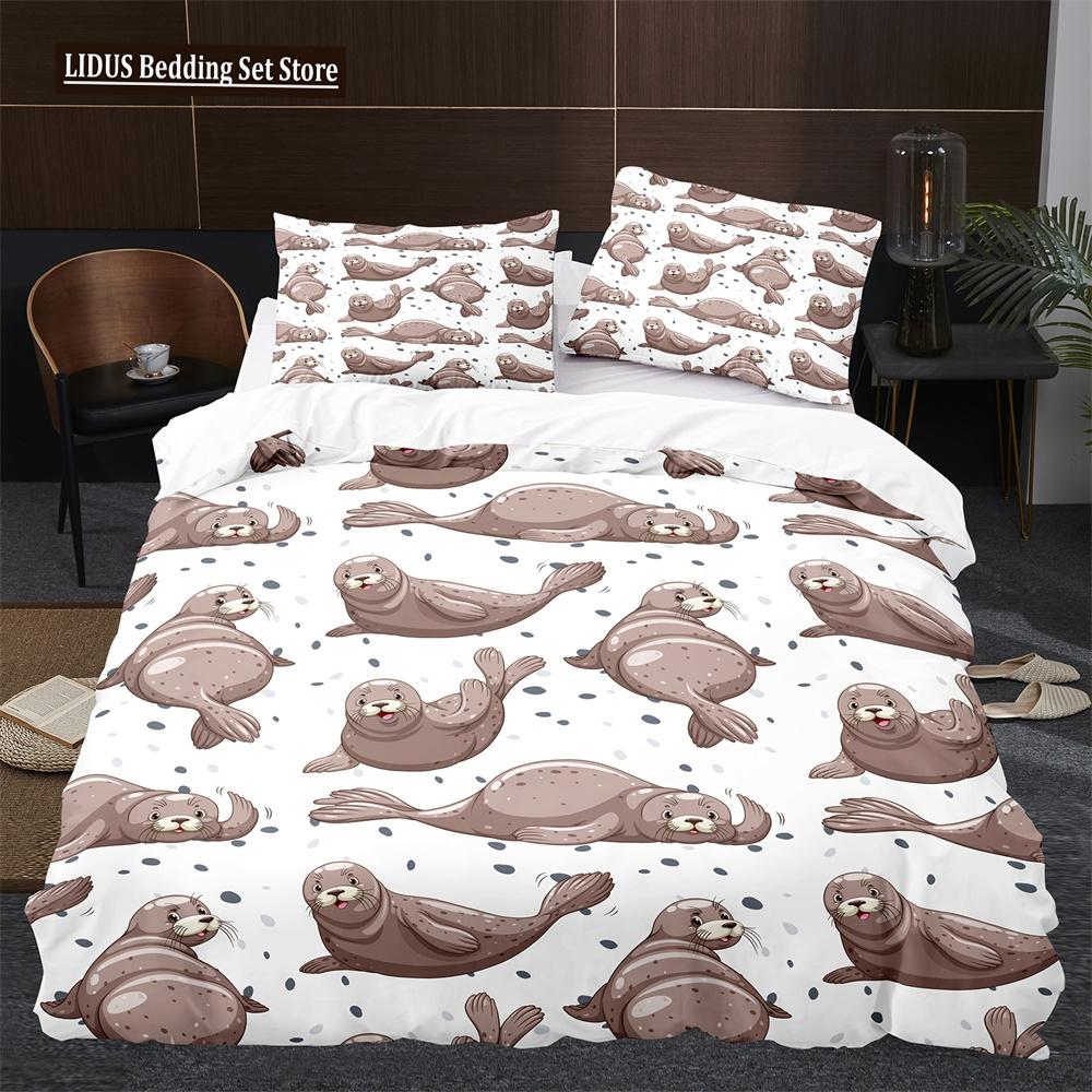 Sea Lion Duvet Cover King Queen Size Lovely Ocean Animals Bedding Set For Kids Boys Girls Blue Sea Beach Polyester Quilt Cover